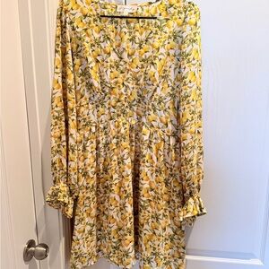 Lemon Print V-Neck Ruffle Long Sleeve Summer Dress Size L